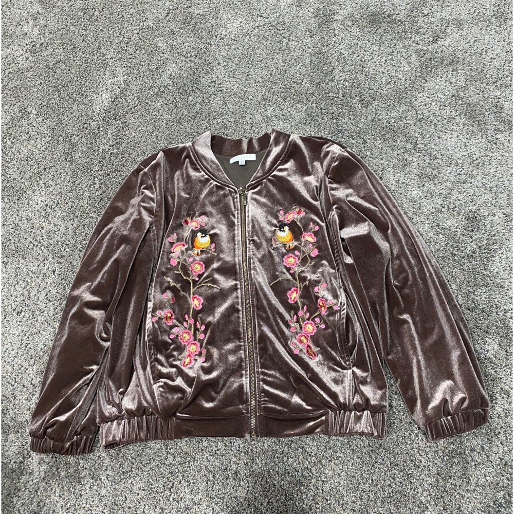 Solitaire by Ravi Khosla Velvet Bomber Jacket Embroidered Birds Floral Brown L